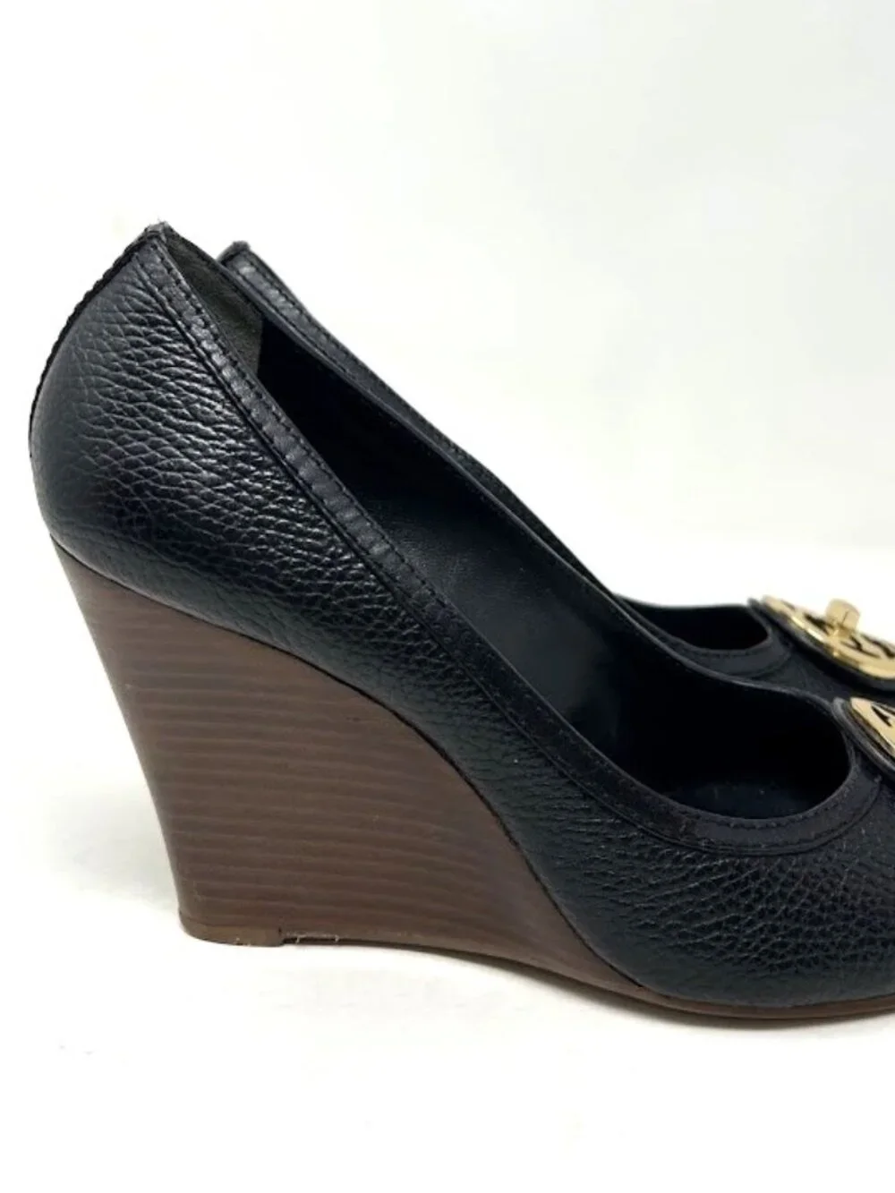 Tory Burch Selma Peep Toe Wedges-Black Pebbled Leather-Gold Logo Medallion 9.5